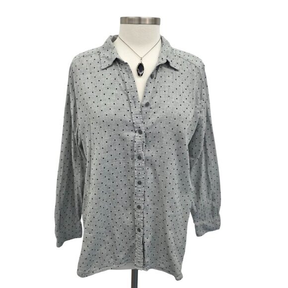 LOFT Womens L Gray Polka Dot Button Front Blouse Long Sleeve Collared Work Top - Picture 2 of 15